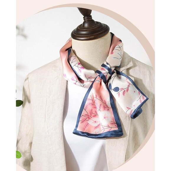 Women's Pink Flowers Blue Fashion Oblique Angle Silk Neck Scarf Printed Scarves - Picture 4 of 7